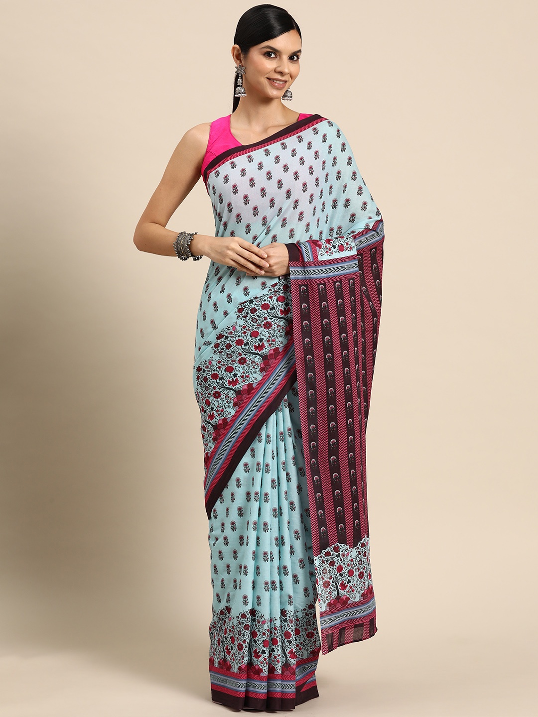 

BUTA BUTI Floral Printed Pure Cotton Saree, Blue