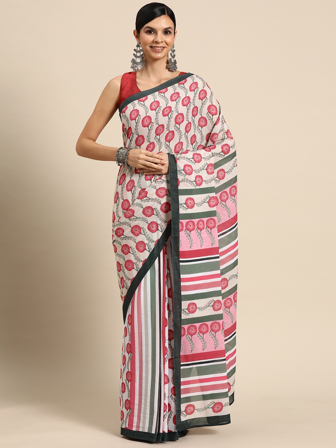 

BUTA BUTI Floral Printed Pure Cotton Saree, Cream