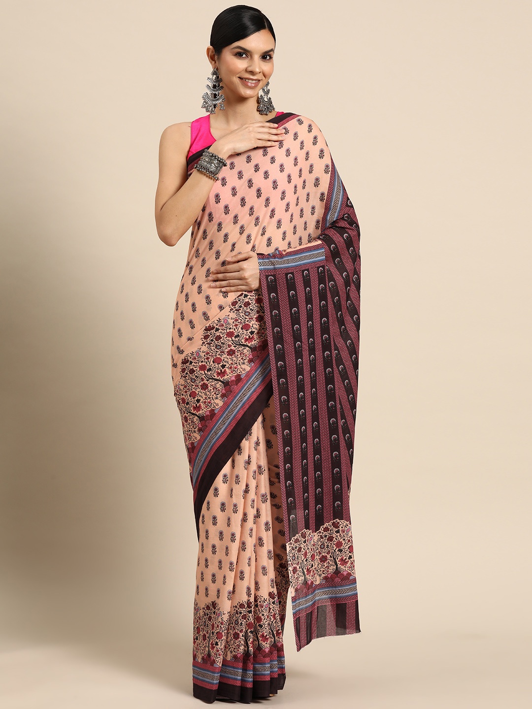 

BUTA BUTI Floral Printed Pure Cotton Saree, Peach
