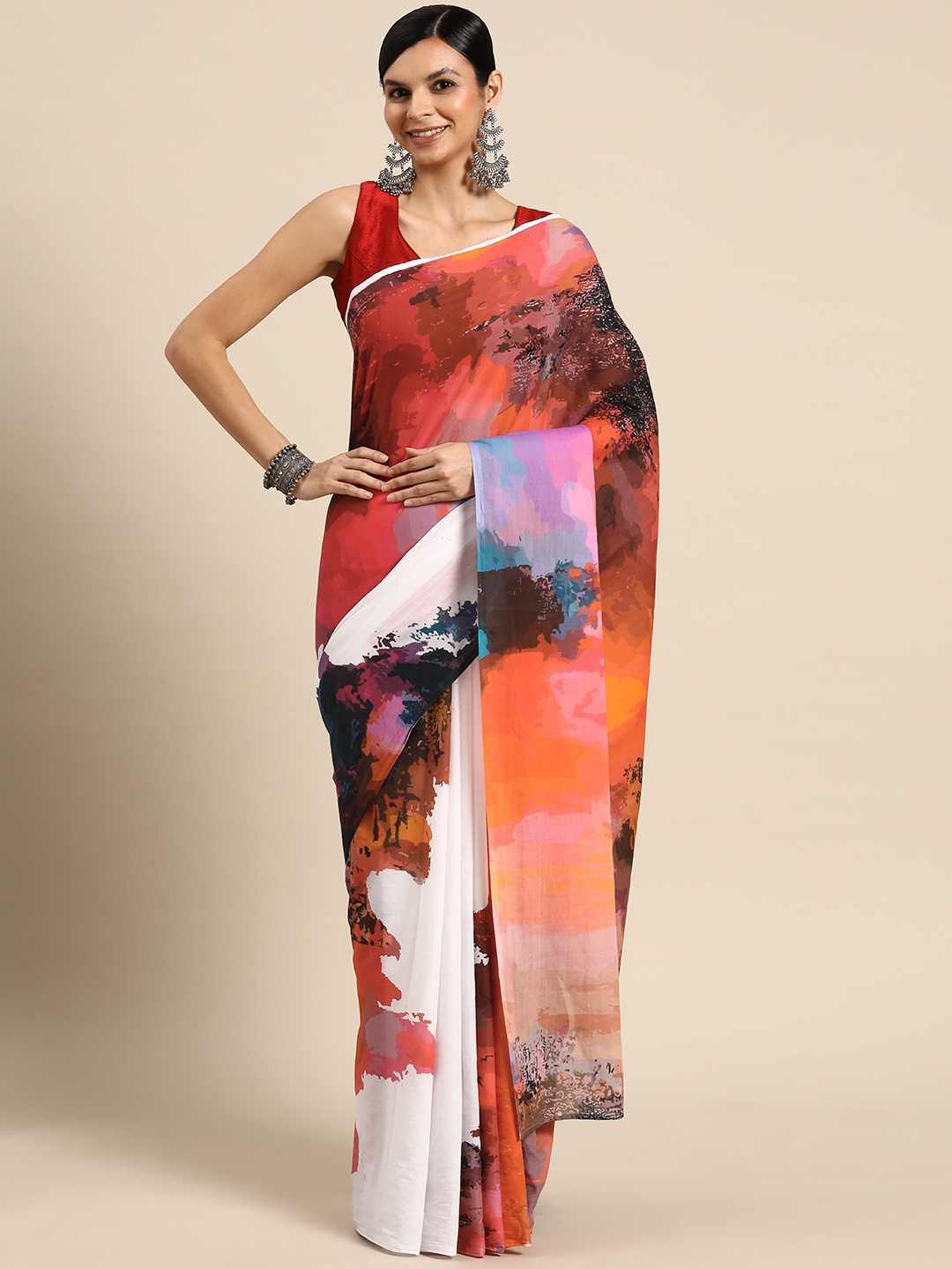 

BUTA BUTI Abstract Printed Pure Cotton Saree, Red