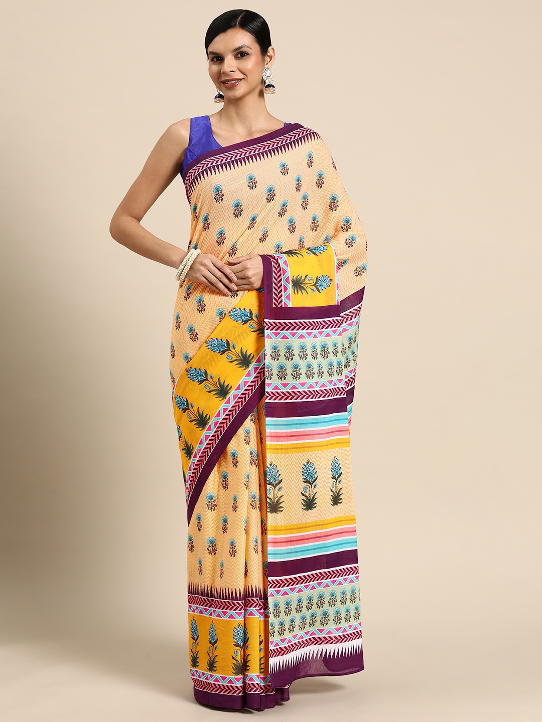 

BUTA BUTI Floral Printed Pure Cotton Saree, Yellow