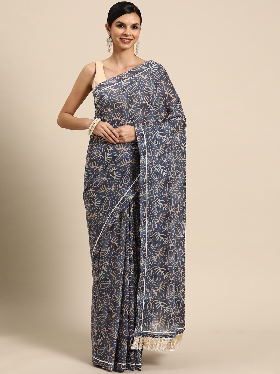 

BUTA BUTI Paisley Printed Pure Cotton Saree, Blue