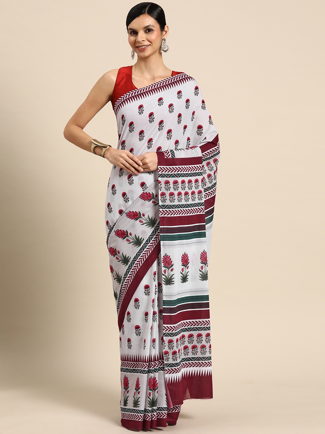 

BUTA BUTI Floral Printed Pure Cotton Saree, White