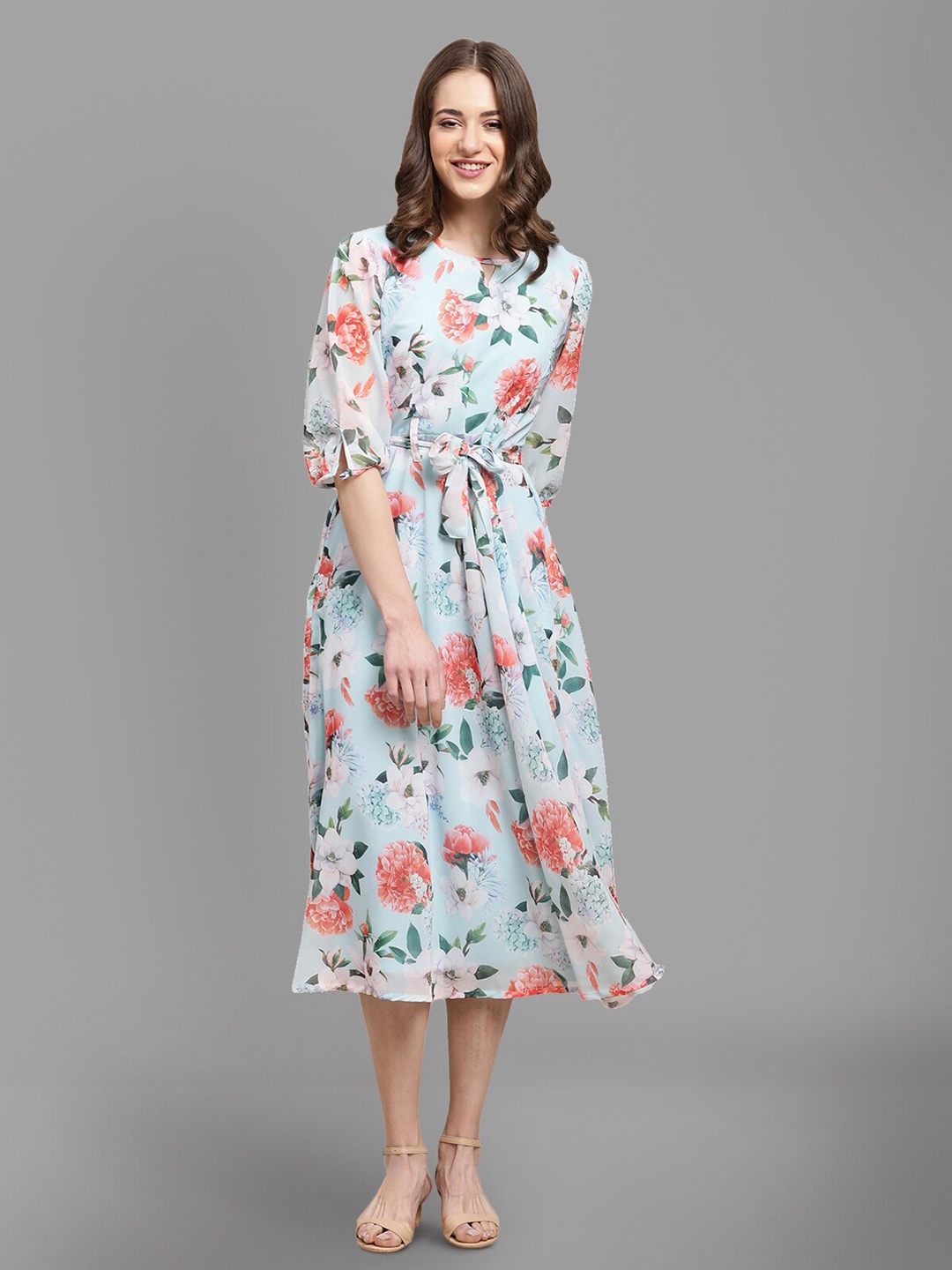 

Fabflee Floral Print Georgette Fit & Flare Midi Dress, Blue