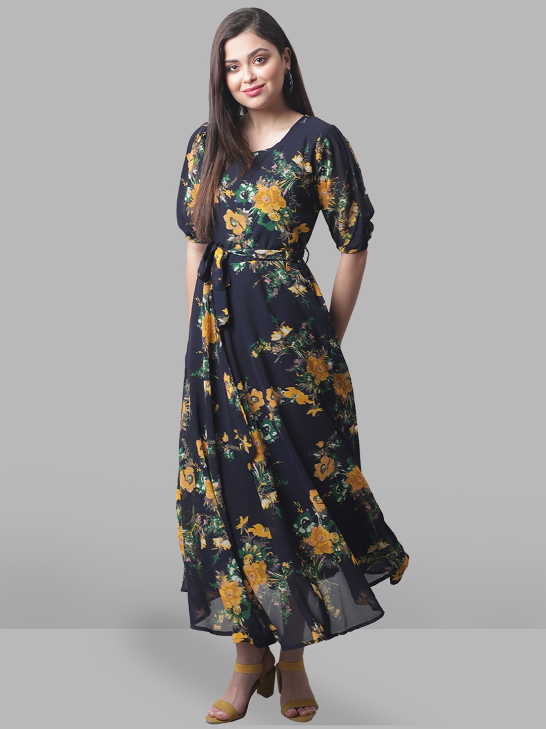 Fabflee Floral Printed Georgette Maxi Dress, Blue