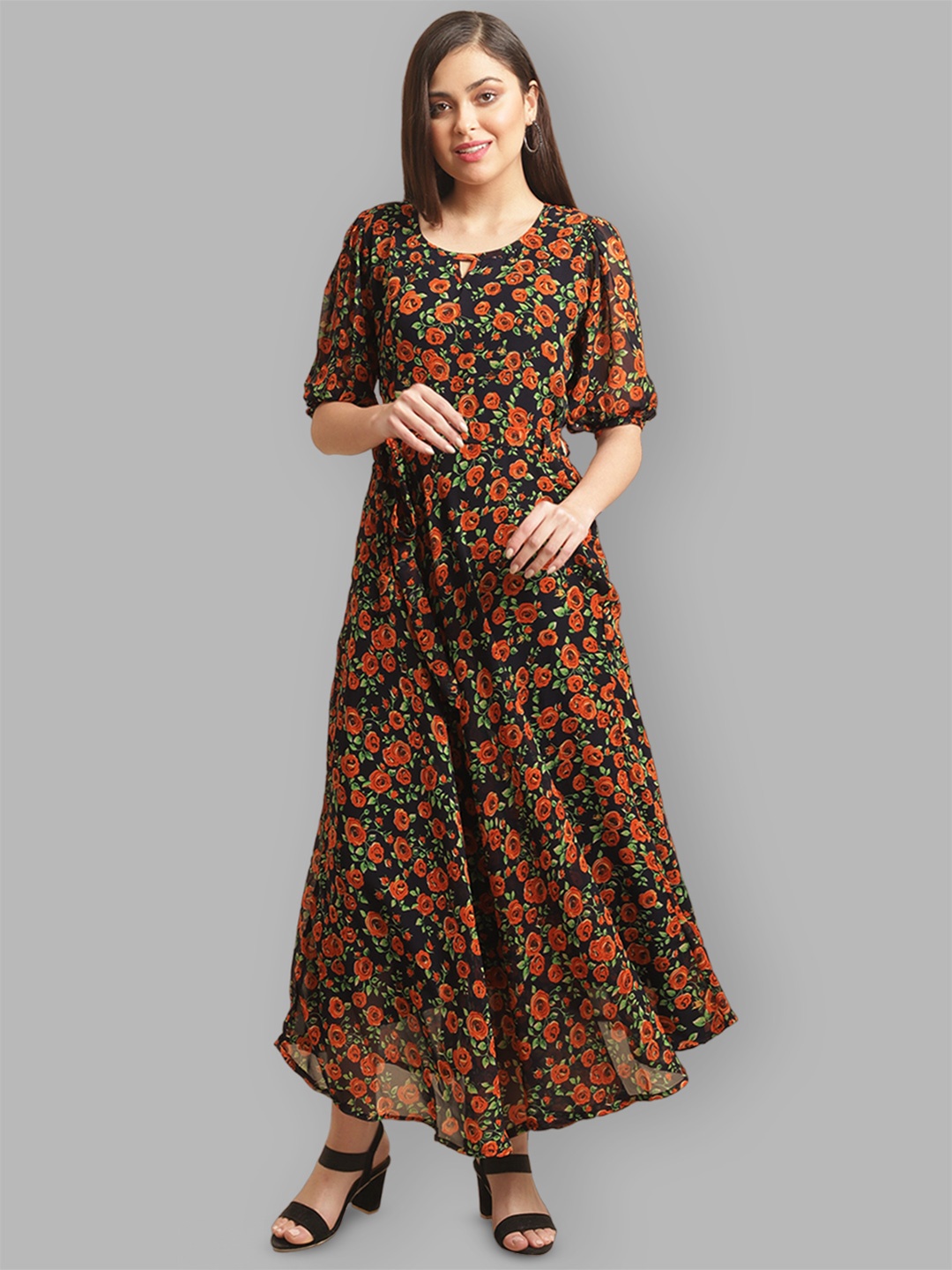 

Fabflee Orange Floral Print Georgette Maxi Dress