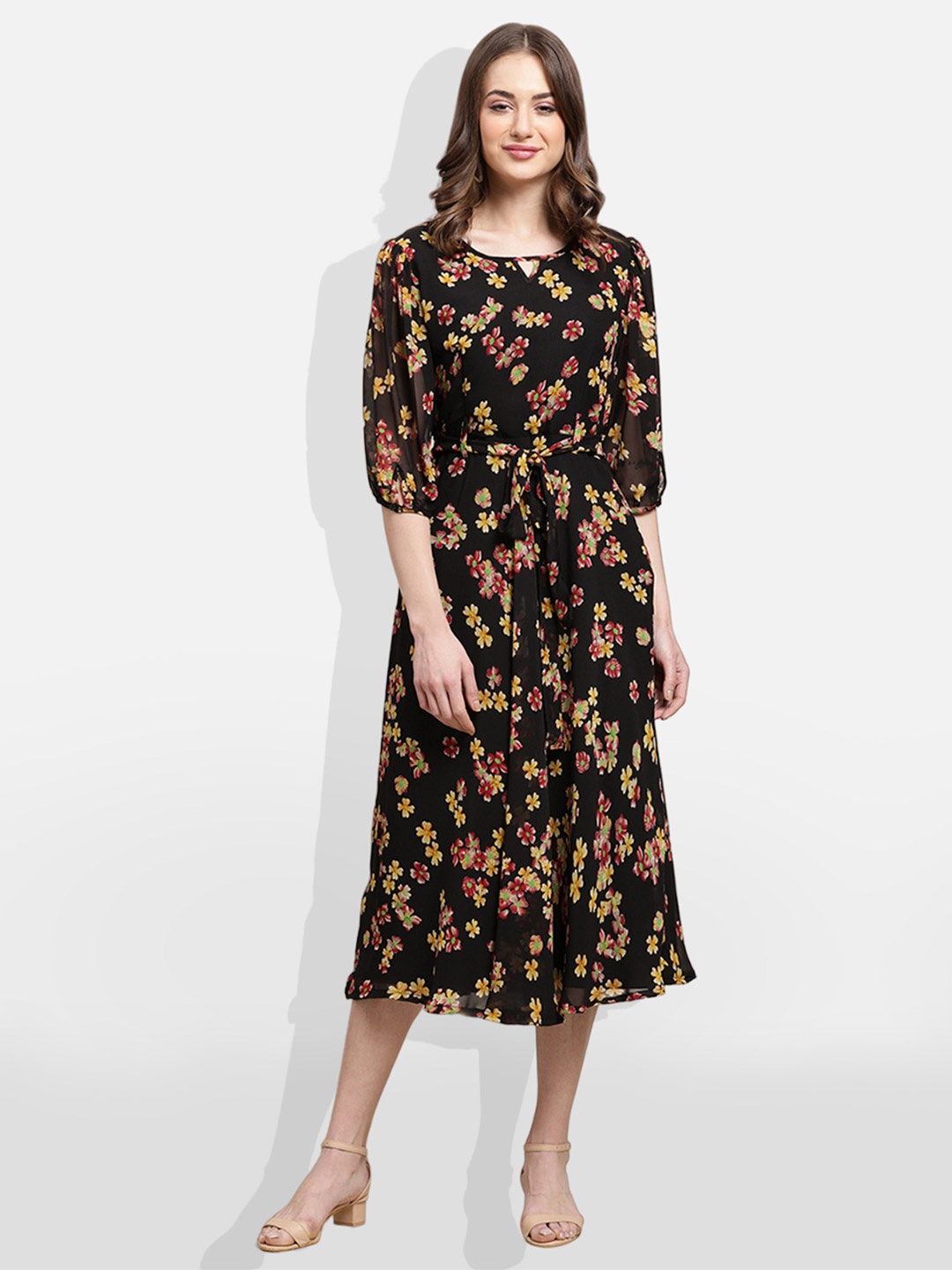 

Fabflee Black Floral Print Puff Sleeve Georgette A-Line Midi Dress