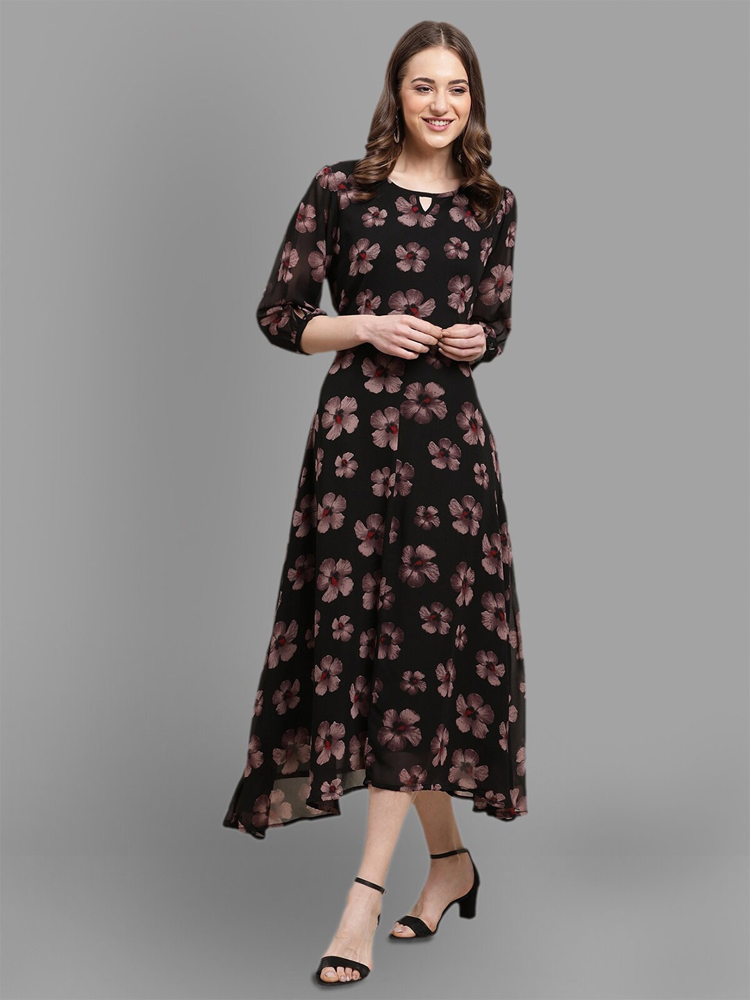 

Fabflee Floral Print Georgette A-Line Midi Dress, Black