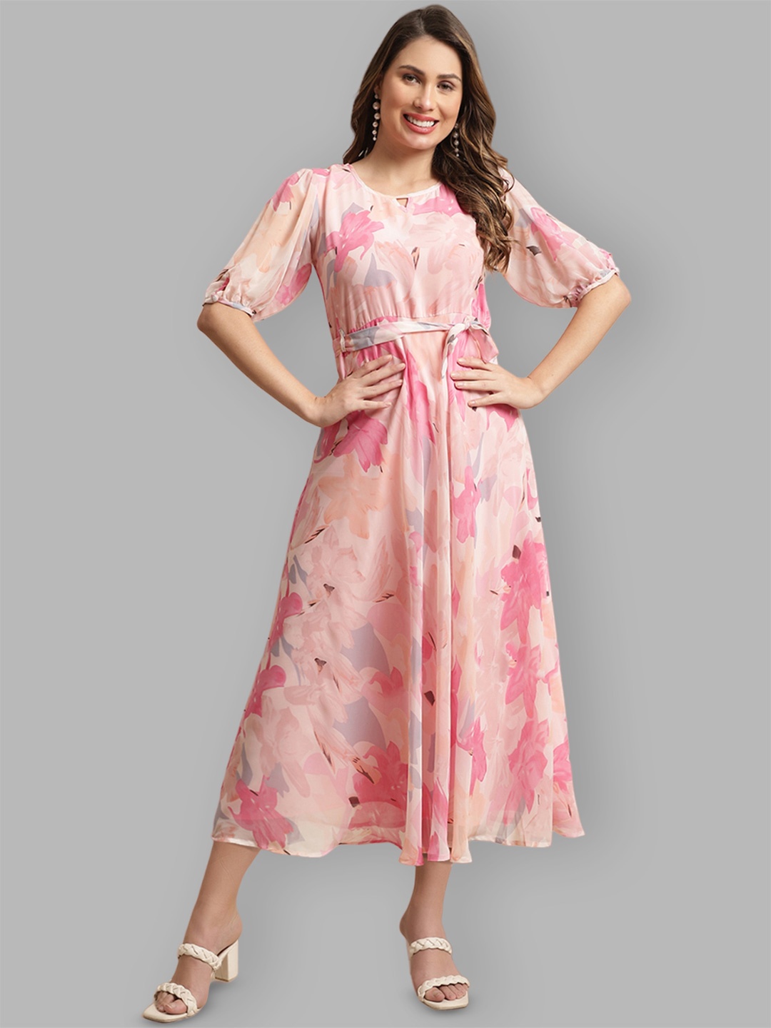 

Fabflee Pink Floral Print Georgette A-Line Midi Dress