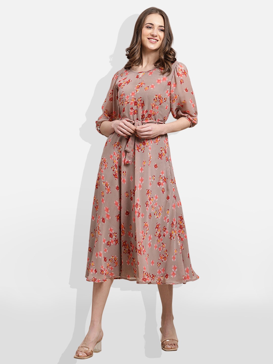 

Fabflee Brown Floral Print Georgette A-Line Midi Dress