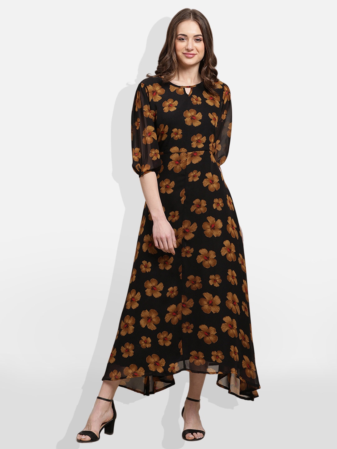 Fabflee Black Floral Print Puff Sleeve Georgette Maxi Dress