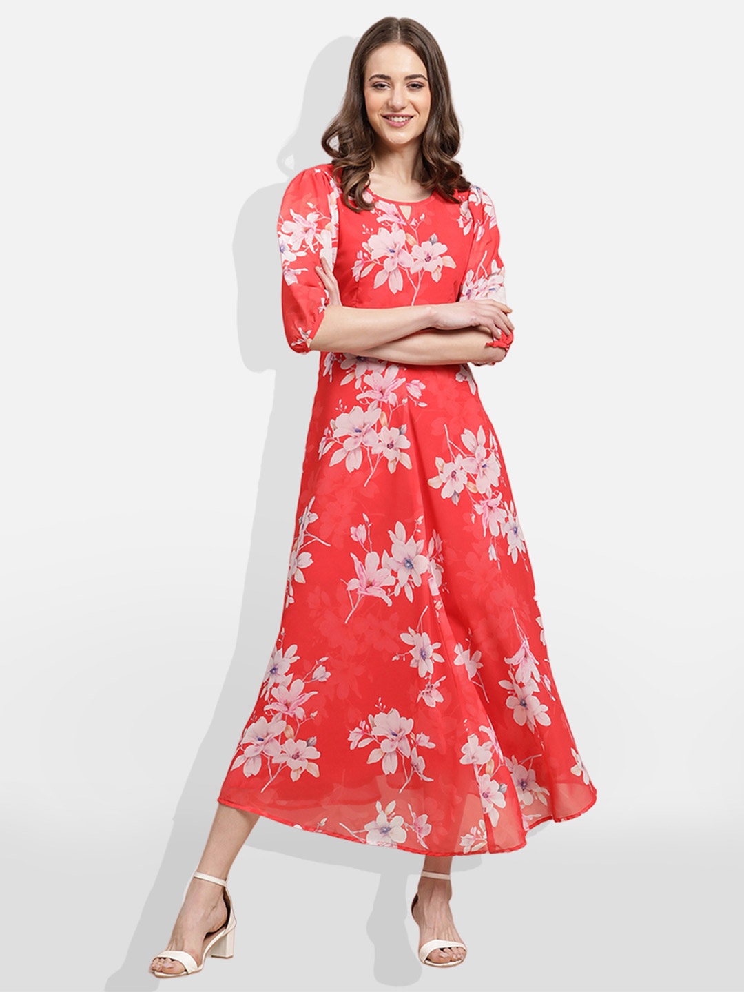 

Fabflee Red Floral Print Georgette Maxi Dress