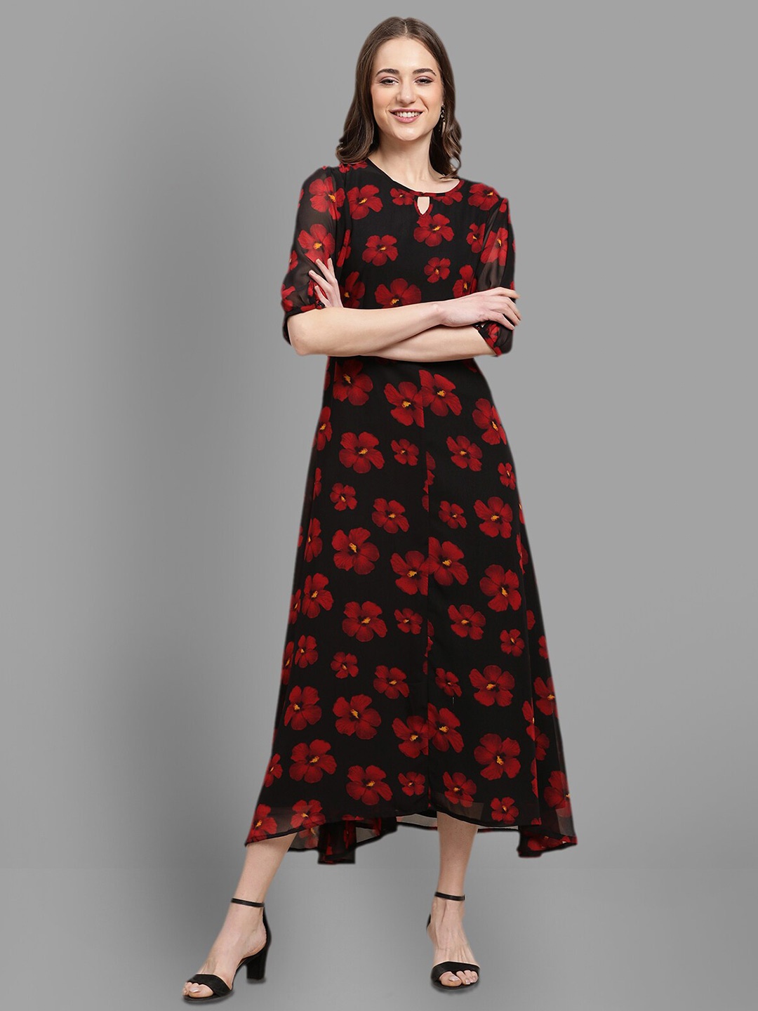 

Fabflee Floral Print Georgette A-Line Midi Dress, Black
