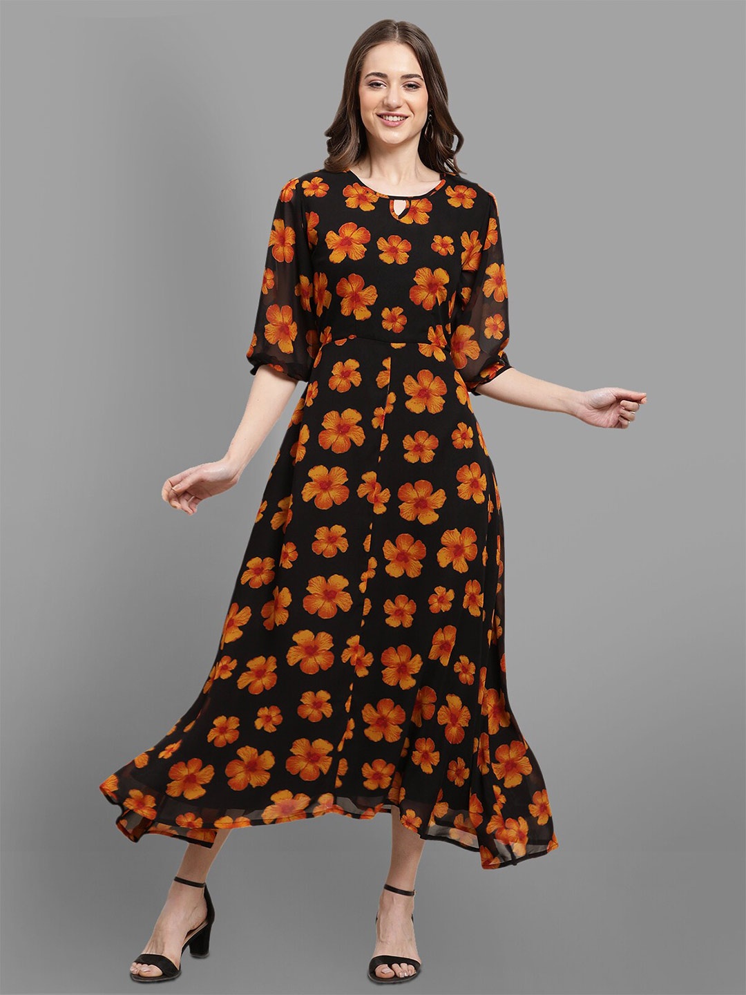 

Fabflee Floral Print Georgette Maxi Dress, Black