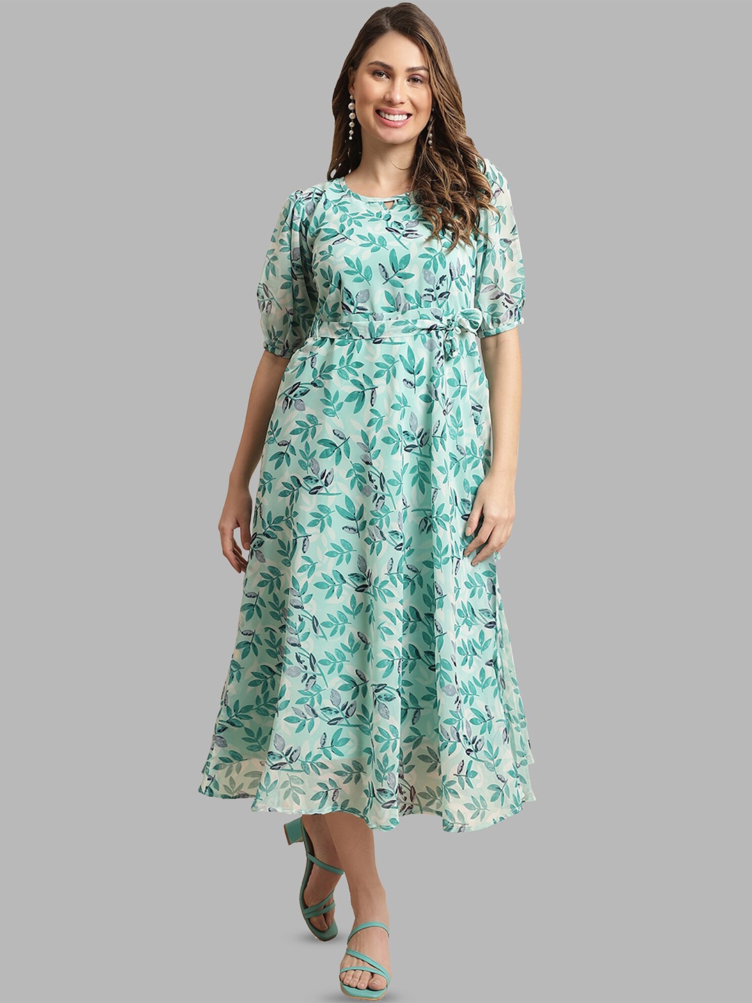 

Fabflee Keyhole Neck Floral Printed Puff Sleeve A-Line Midi Dress With A Belt, Blue