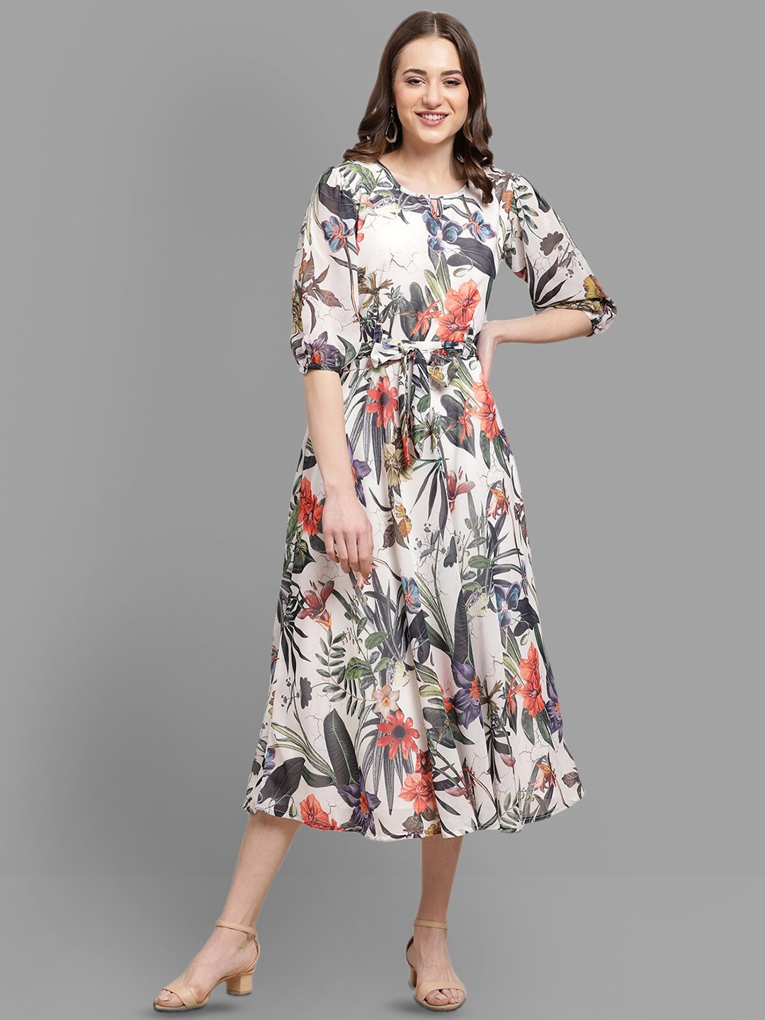 

Fabflee Keyhole Neck Floral Printed Puff Sleeve A-Line Midi Dress With A Belt, Grey