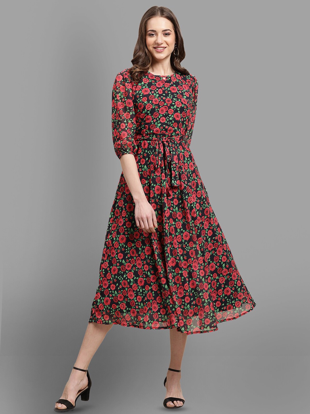 

Fabflee Keyhole Neck Floral Printed Puff Sleeve A-Line Midi Dress With A Belt, Black