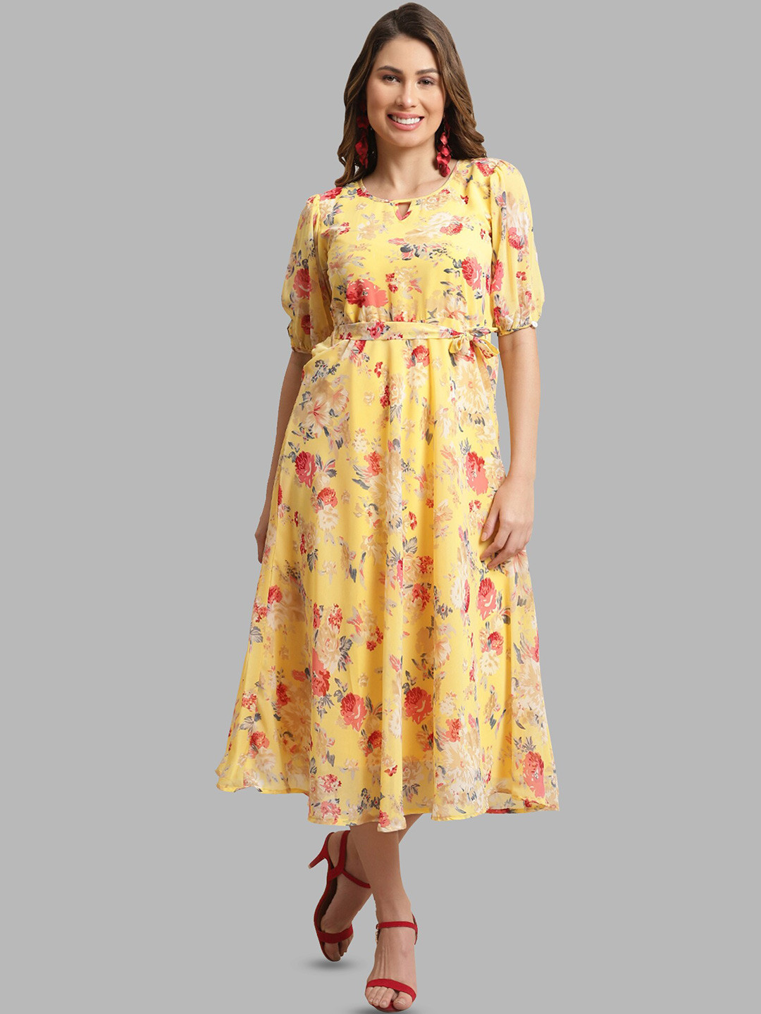 

Fabflee Keyhole Neck Floral Printed Puff Sleeve A-Line Midi Dress With A Belt, Yellow