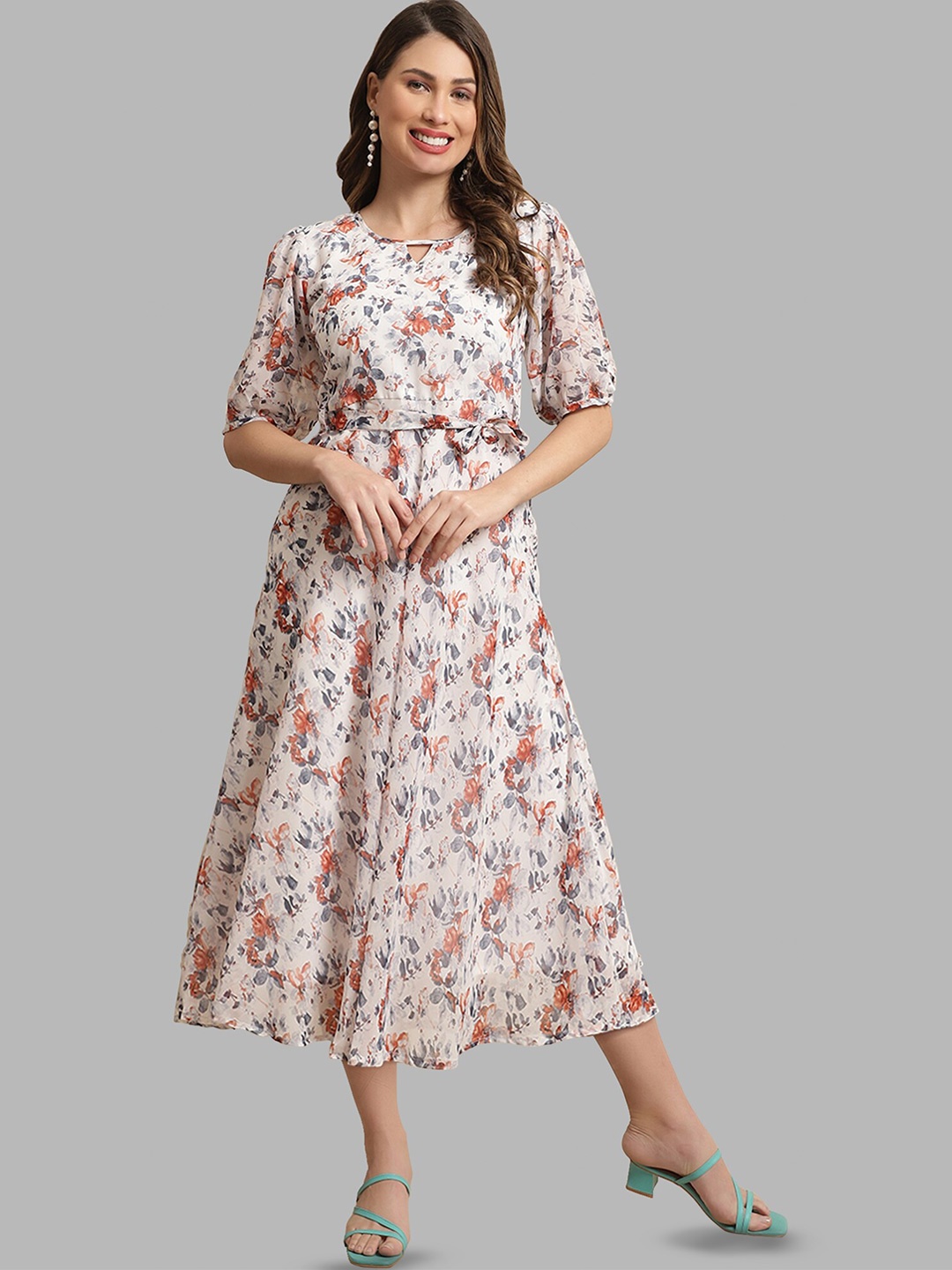 

Fabflee Keyhole Neck Floral Printed Puff Sleeve A-Line Midi Dress With A Belt, White