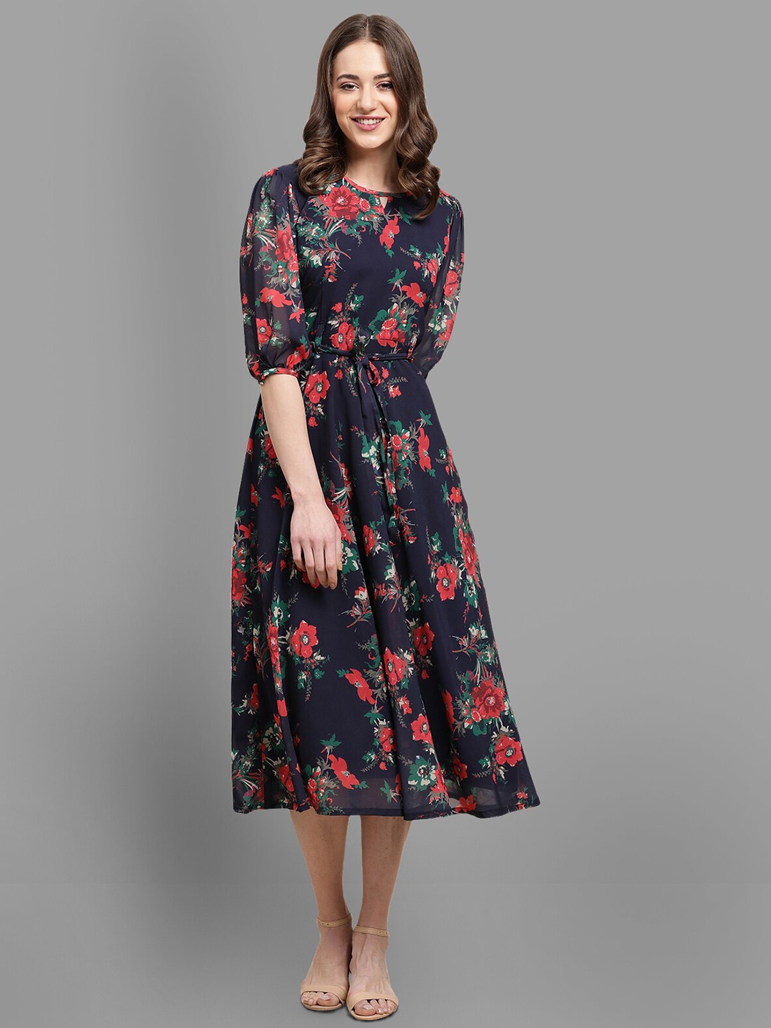 

Fabflee Floral Printed Puff Sleeve Fit & Flare Midi Dress, Navy blue