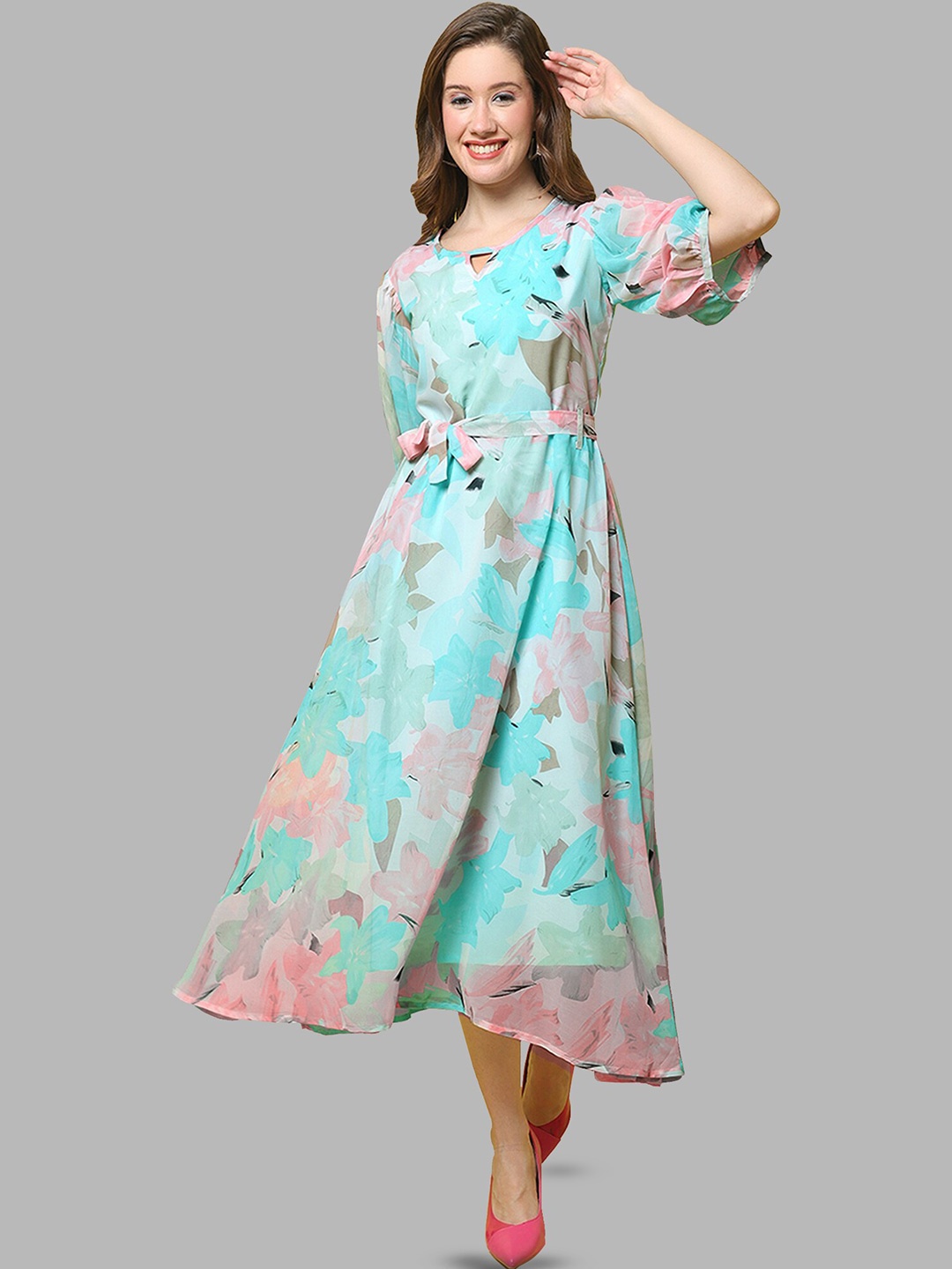 Fabflee Floral Printed Puff Sleeve Fit & Flare Midi Dress, Blue