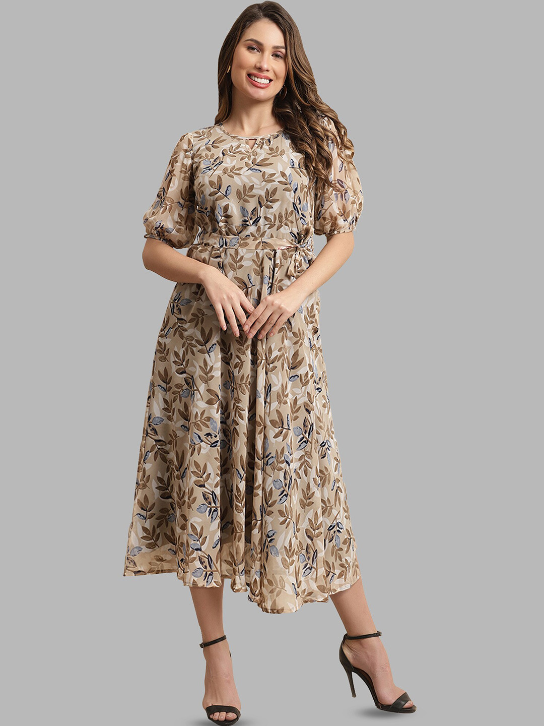

Fabflee Floral Printed Puff Sleeve Fit & Flare Midi Dress, Brown