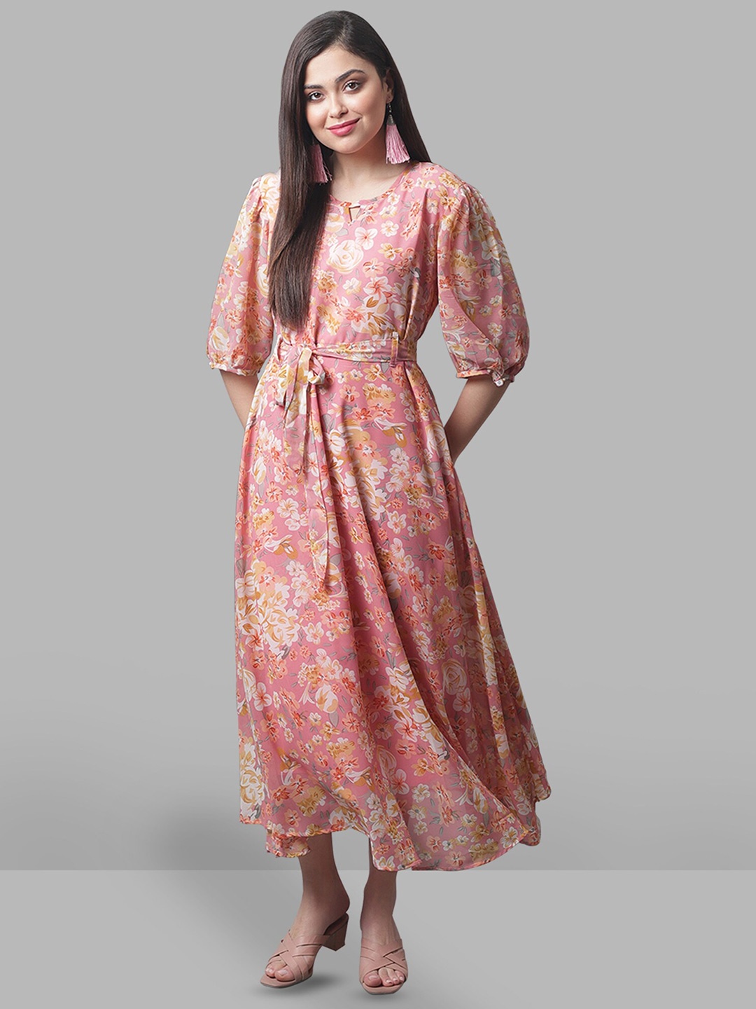 

Fabflee Floral Printed Puff Sleeve Fit & Flare Midi Dress, Pink