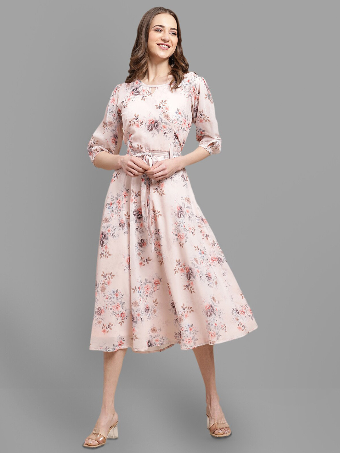 

Fabflee Floral Printed Puff Sleeve Fit & Flare Midi Dress, Peach