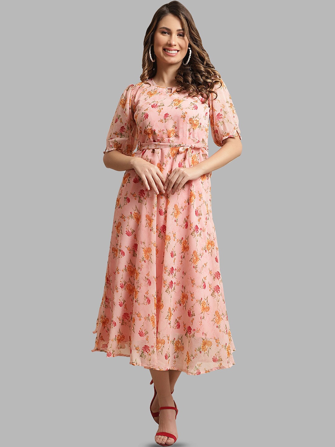 

Fabflee Floral Printed Puff Sleeve Fit & Flare Midi Dress, Pink