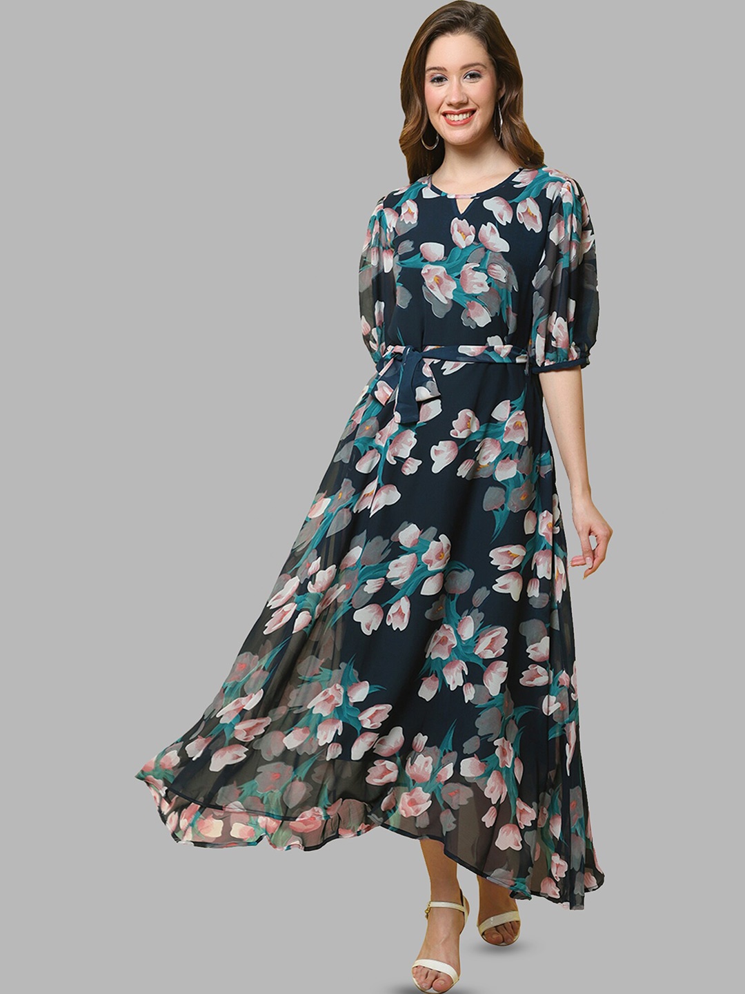 

Fabflee Floral Printed Puff Sleeve Fit & Flare maxi Dress, Blue