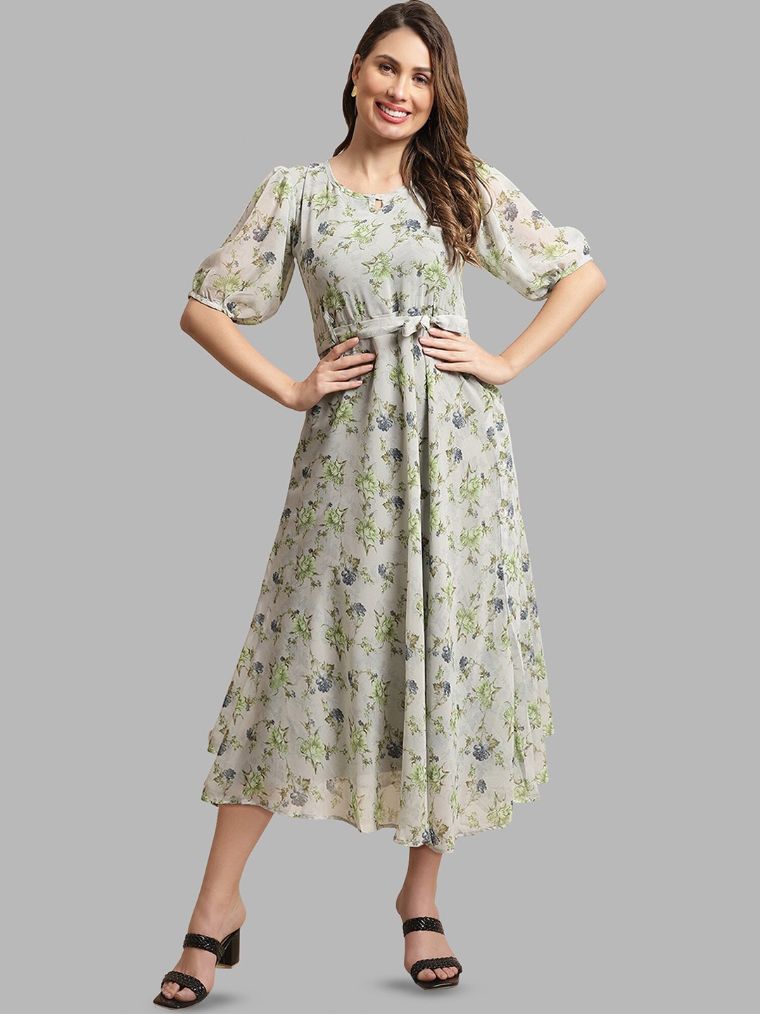 

Fabflee Floral Printed Puff Sleeve Fit & Flare Midi Dress, Grey