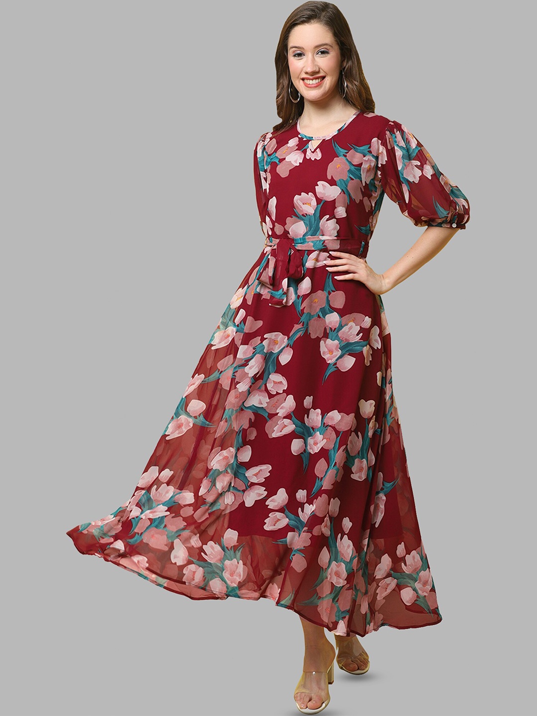 

Fabflee Floral Printed Puff Sleeve Fit & Flare Maxi Dress, Red