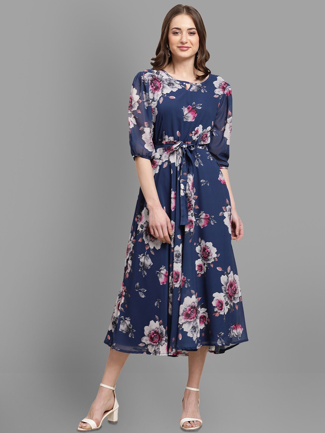 

Fabflee Floral Printed Georgette Fit & Flare Midi Dress, Blue