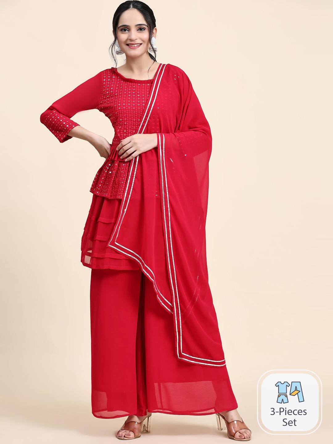 

Growish Ethnic Motifs Embroidered Layered Mirror Work Kurta with Palazzos & With Dupatta, Red