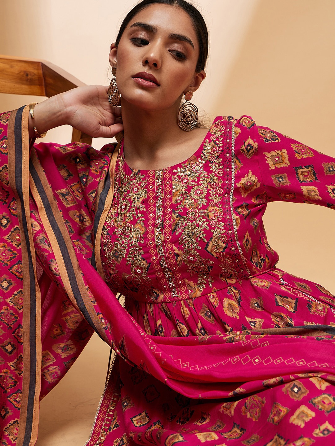 

all about you Ethnic Motifs Printed Sequinned A Line Kurta With Trousers & Dupatta, Pink