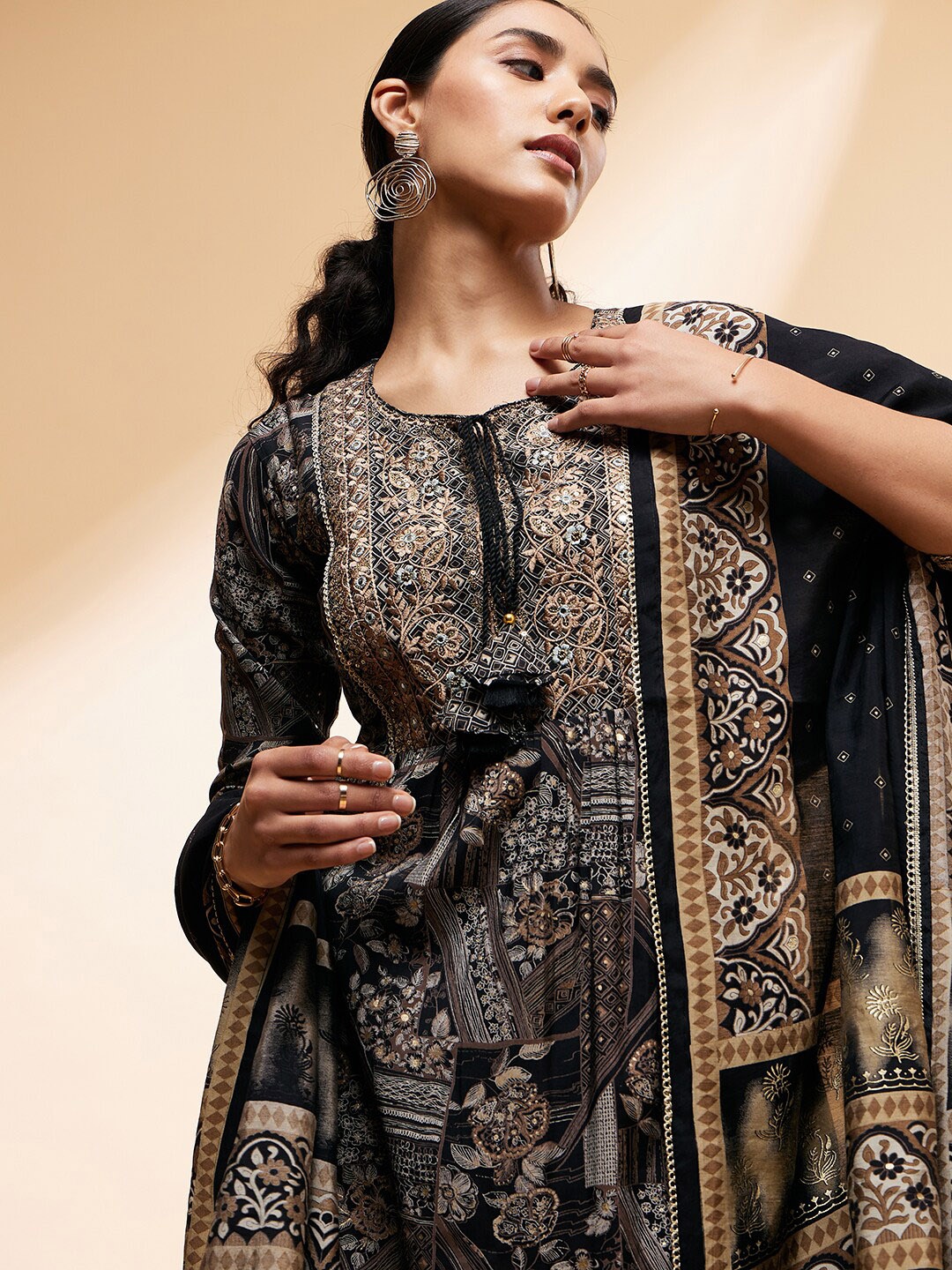 

all about you Ethnic Motifs Printed High Slit Gotta Patti Kurta With Trousers & Dupatta, Black