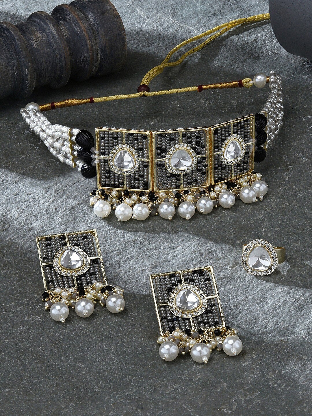 

Zaveri Pearls Gold-Plated Multistrand Beaded & Stone-Studded Jewellery Set