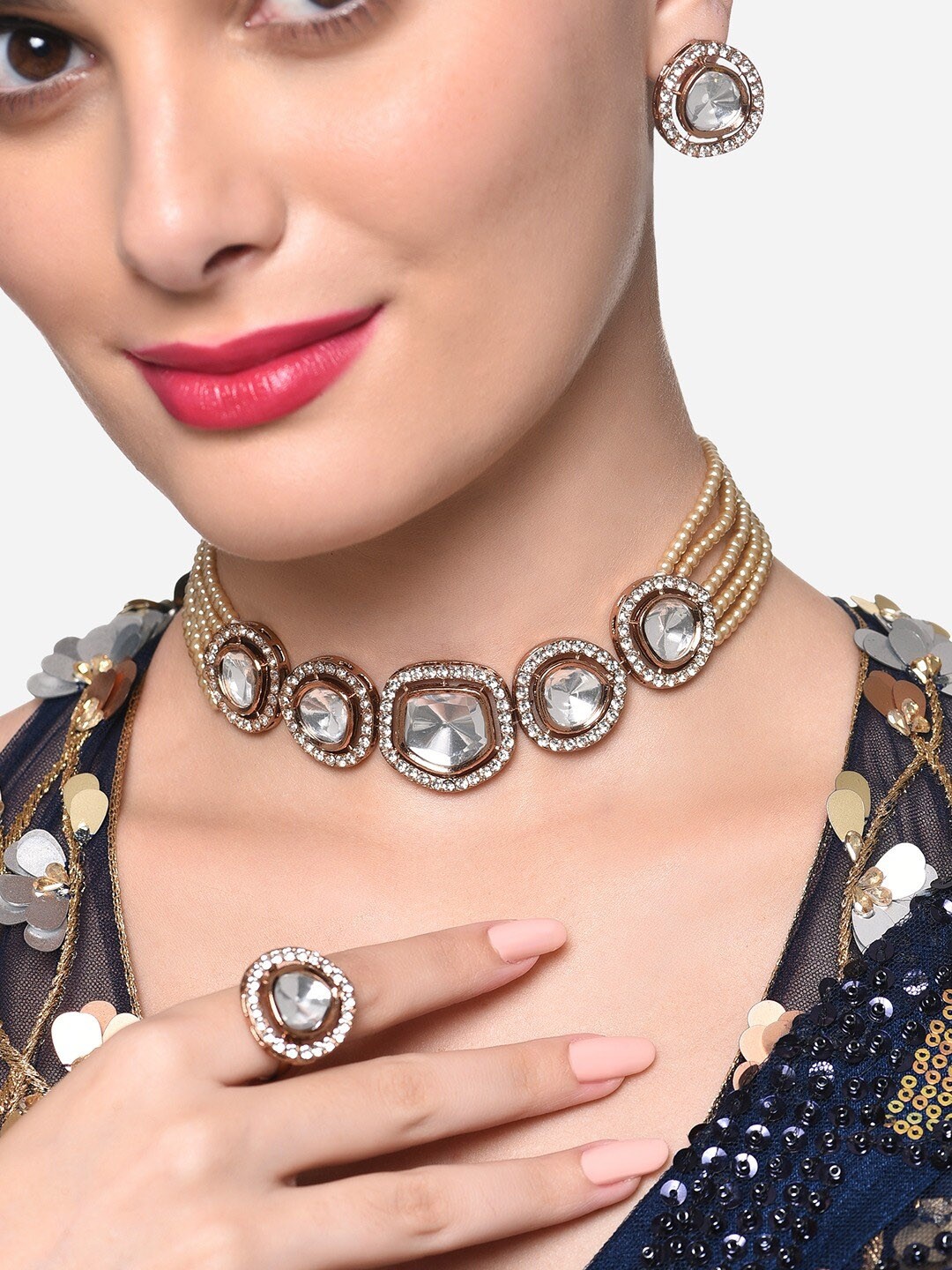 

Zaveri Pearls Gold-Plated Artificial Stone-Studded & Multistrand Beaded Jewellery Set