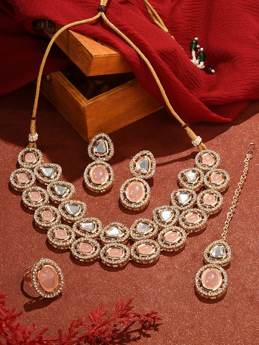 

Zaveri Pearls Gold-Plated Double Layered Stones & AD Studded Jewellery Set