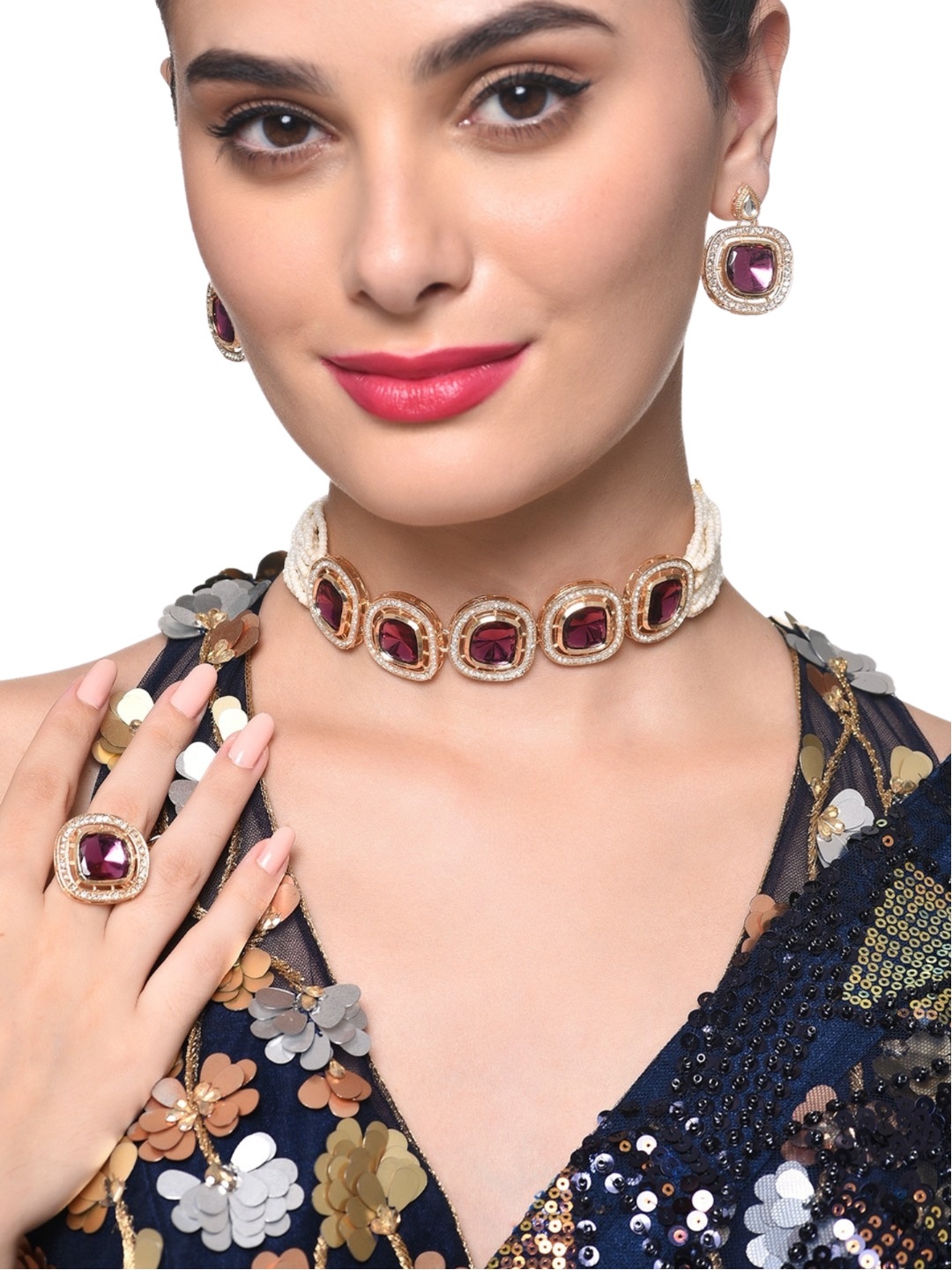 

Zaveri Pearls Gold-Plated Stone-Studded & Multistrand Beaded Jewellery Set