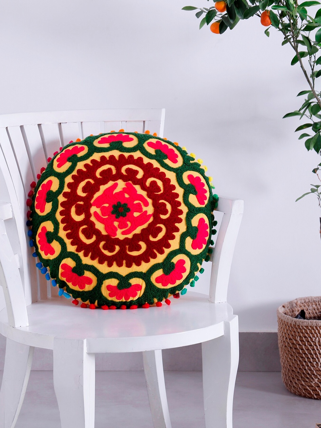 

HANDICRAFT PALACE Yellow & Pink Embroidered Round Cushion Cover