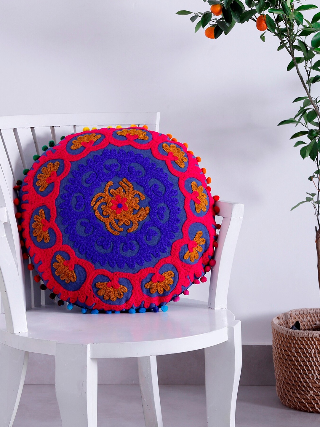 

HANDICRAFT PALACE Blue & Pink Embroidered Round Cushion Cover