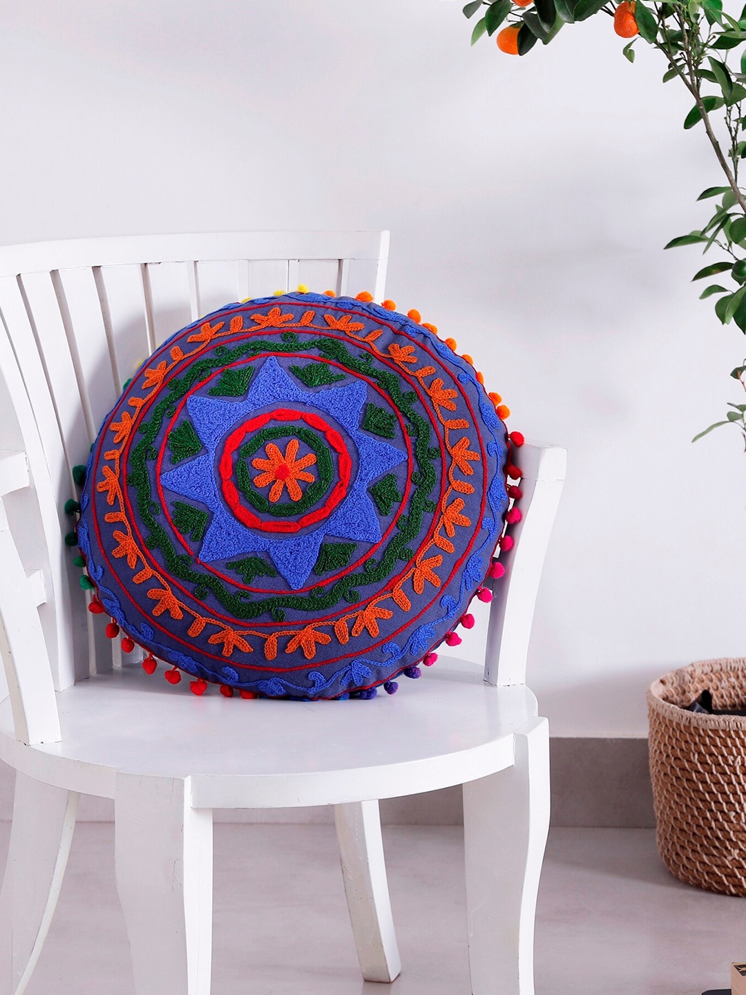 

HANDICRAFT PALACE Blue & Green Embroidered Round Cushion Cover