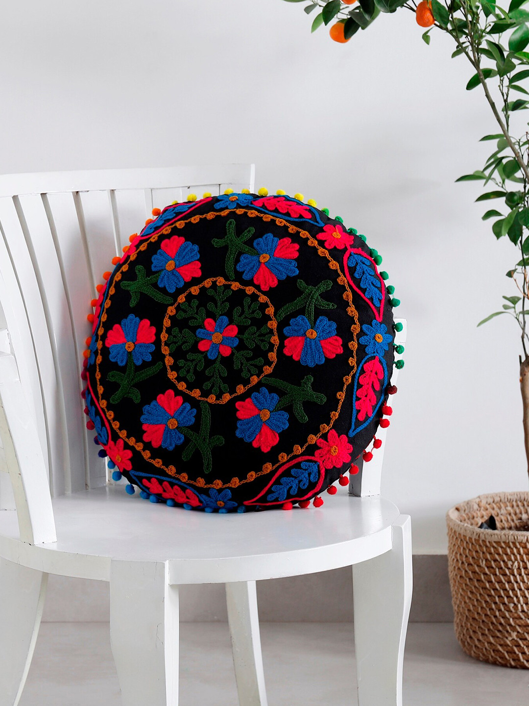 

HANDICRAFT PALACE Black & Red Embroidered Round Cushion Cover