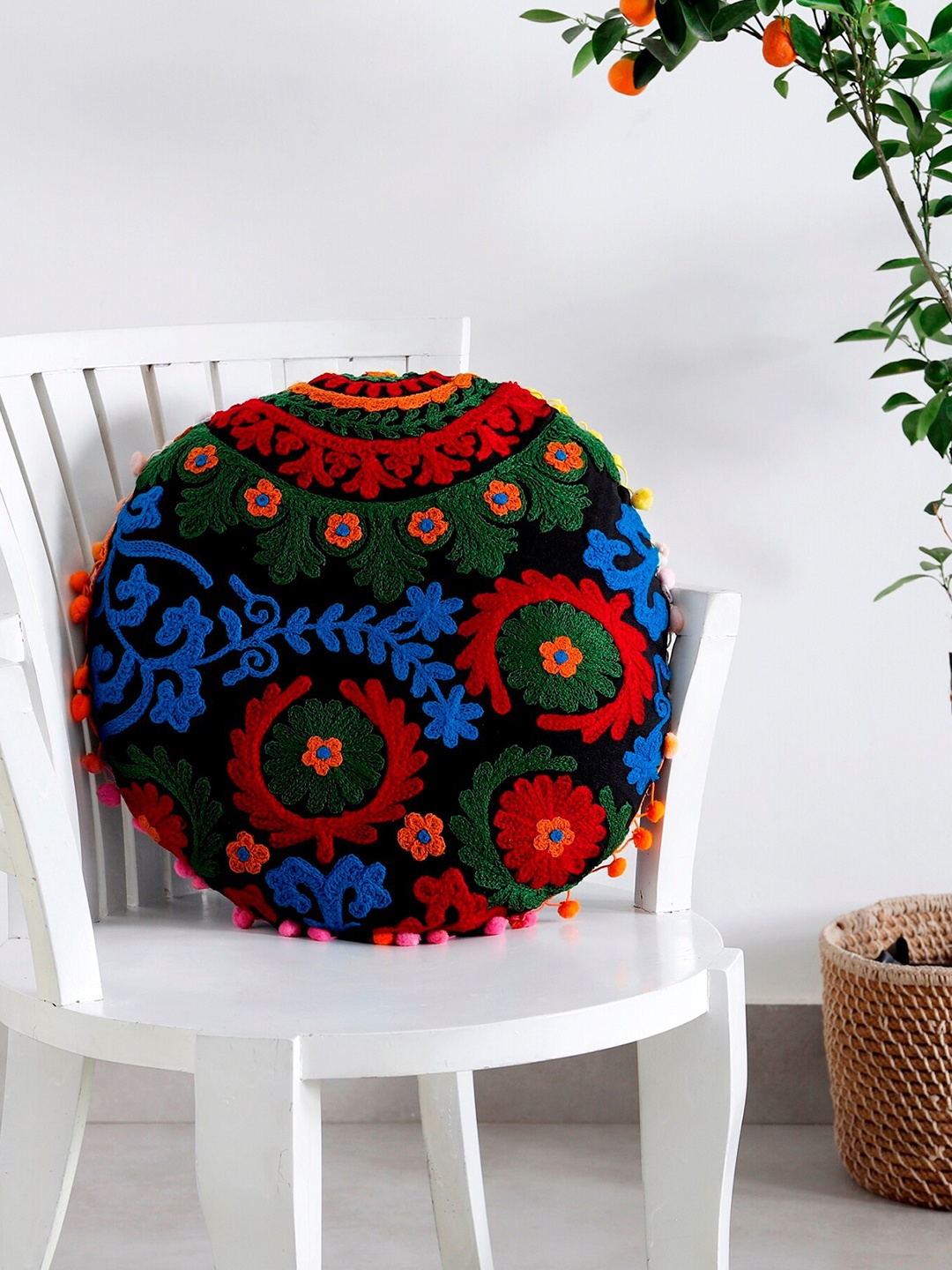 

HANDICRAFT PALACE Black & Red Floral Embroidered Round Cushion Cover