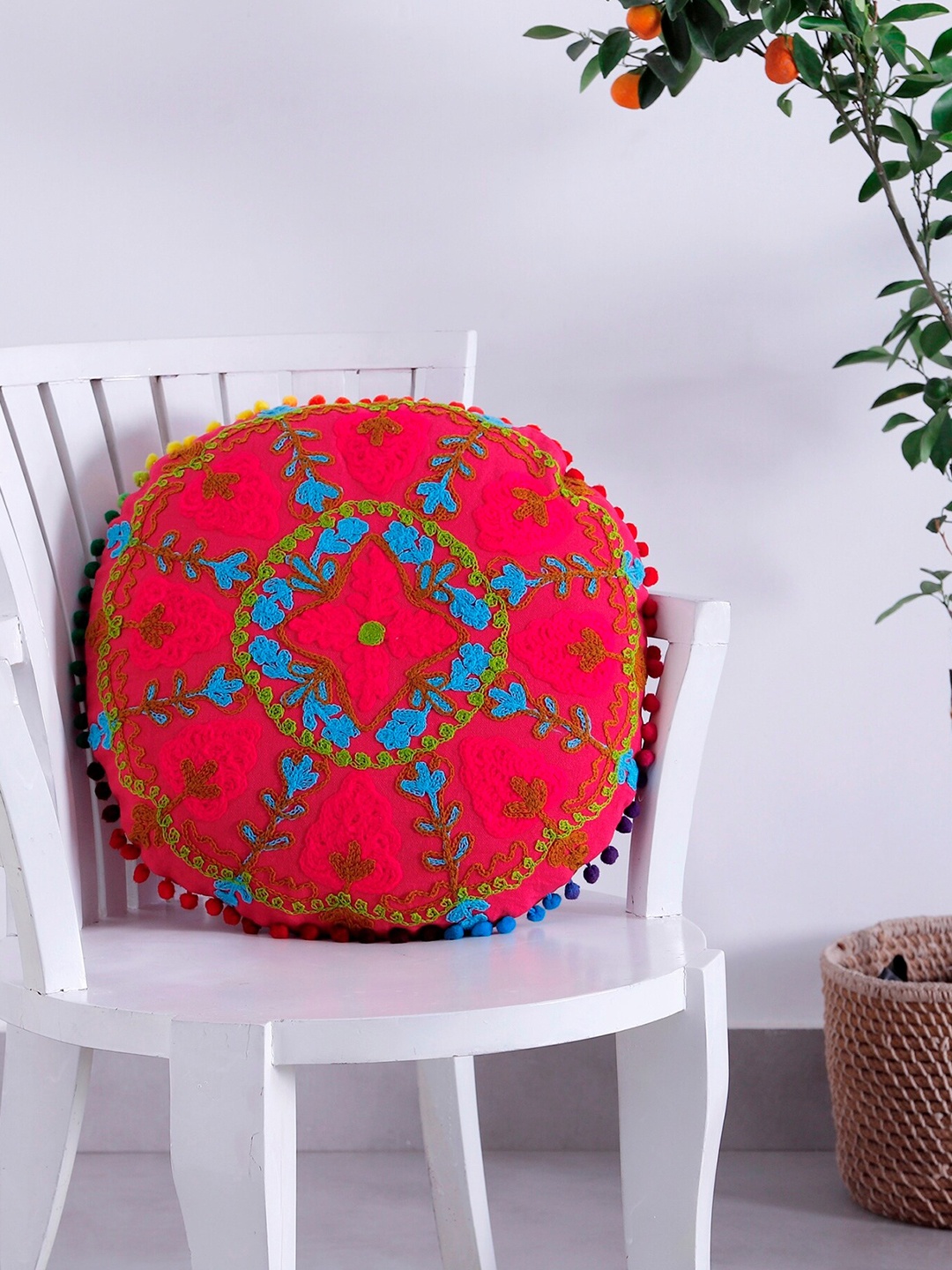 

HANDICRAFT PALACE Maroon & Blue Embroidered Round Cushion Cover