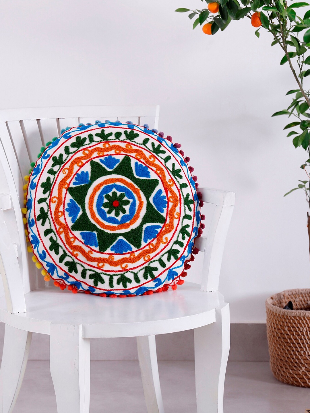 

HANDICRAFT PALACE White & Blue Embroidered Round Cushion Cover