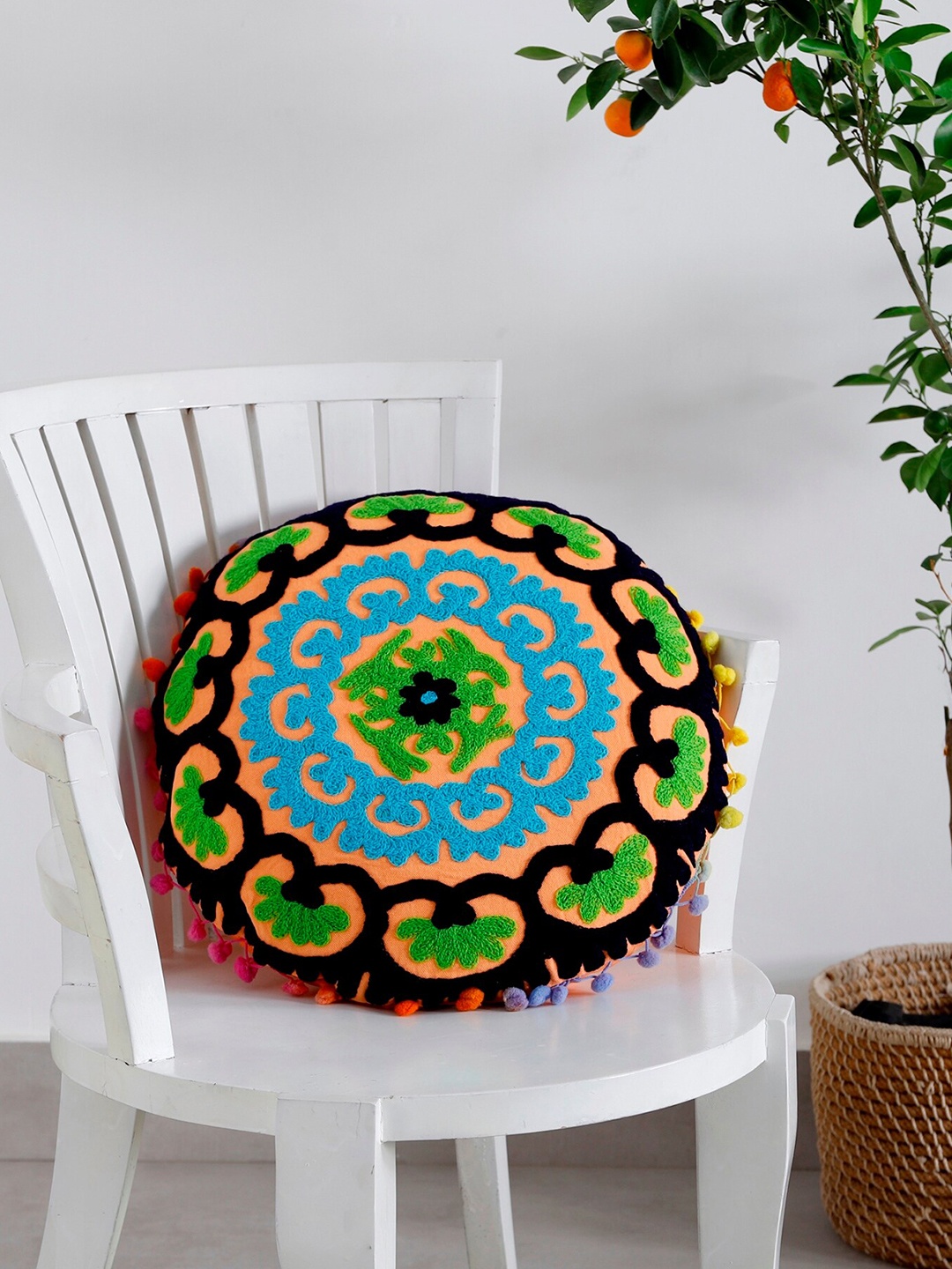 

HANDICRAFT PALACE Orange & Green Embroidered Round Cushion Cover