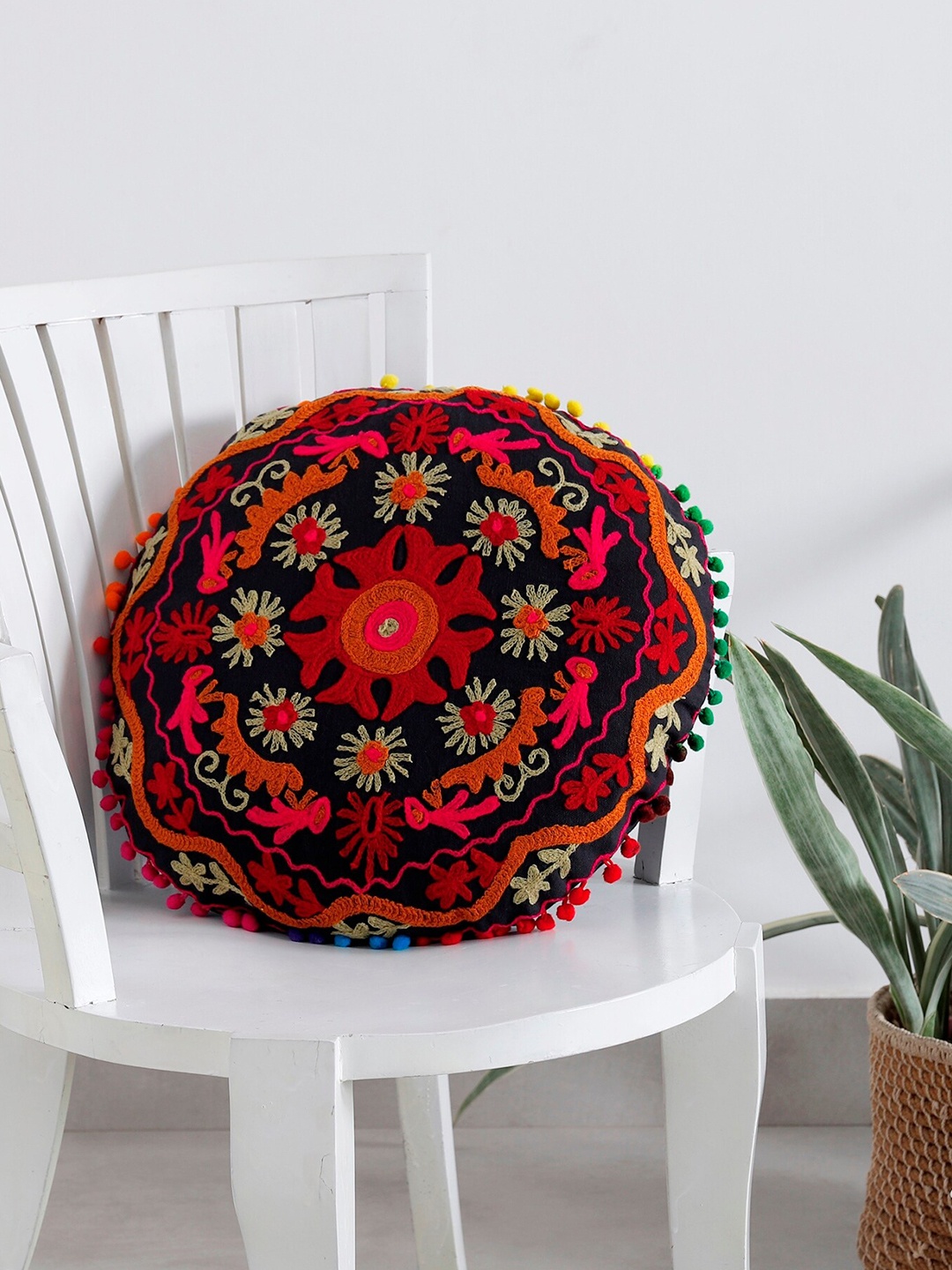 

HANDICRAFT PALACE Black & Red Embroidered Cotton Round Cushion Cover