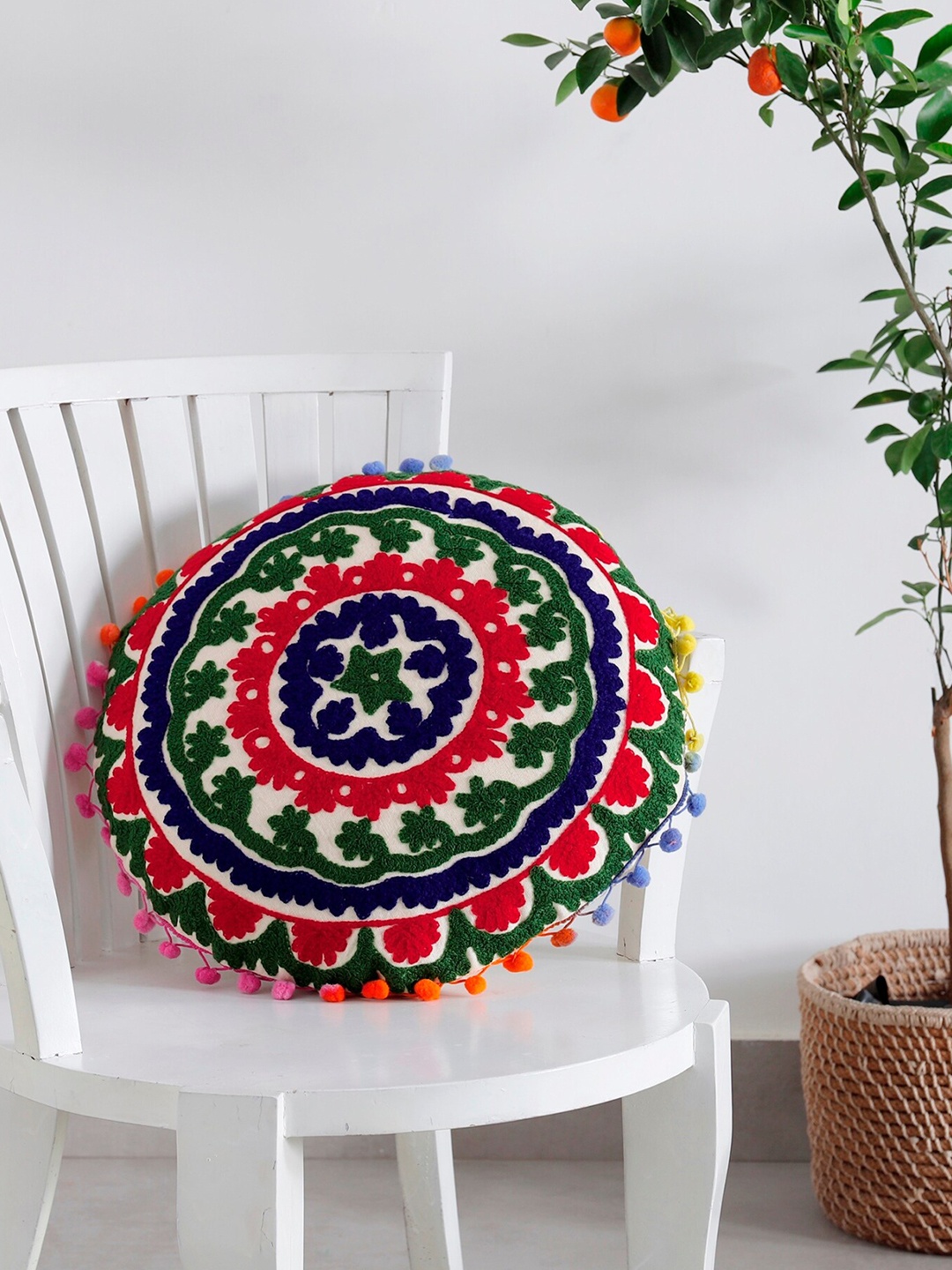 

HANDICRAFT PALACE White & Green Embroidered Cotton Round Cushion Cover